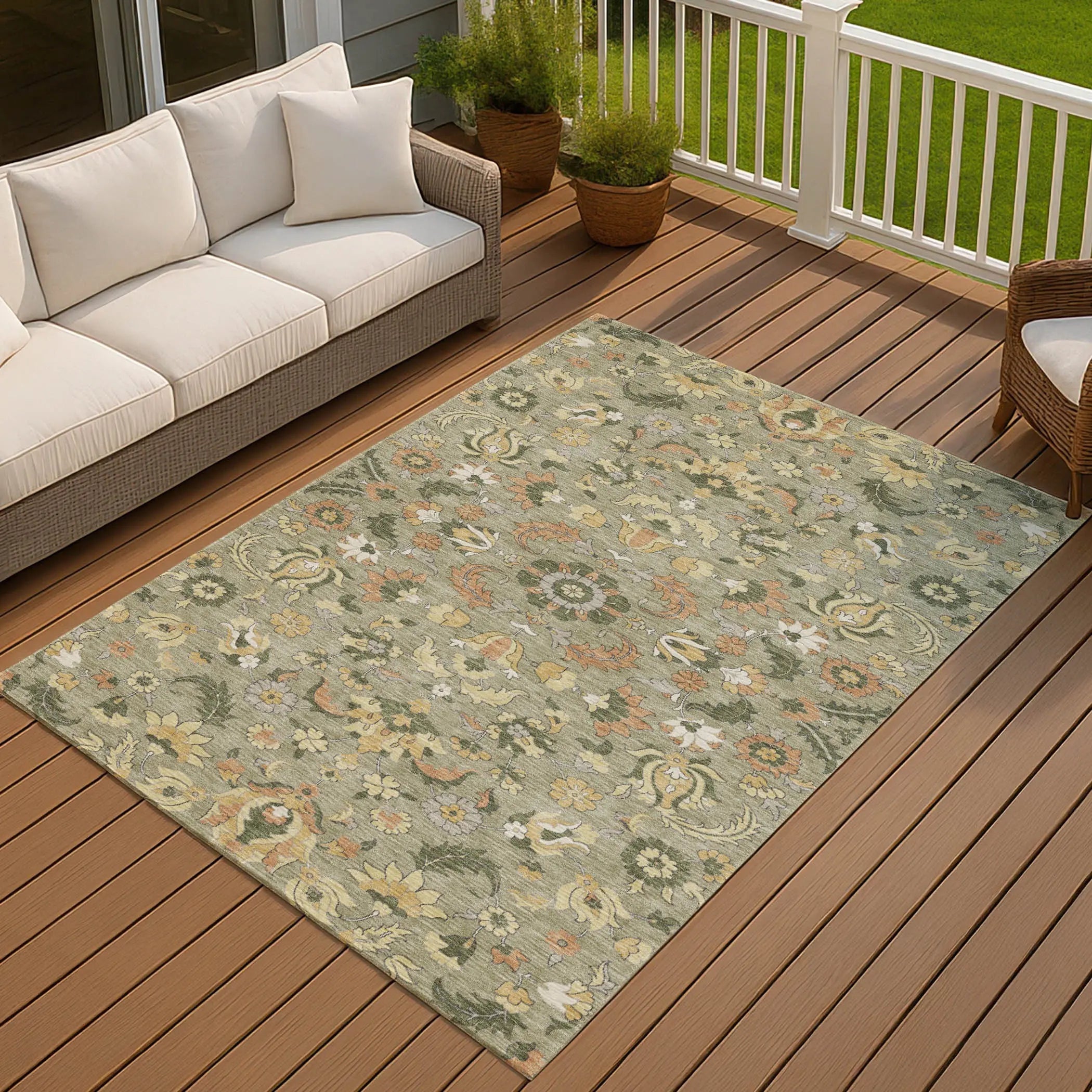 9' X 12' Sage And Olive Green Floral Medallion Washable Indoor Outdoor Area Rug Homeroots Outdoor