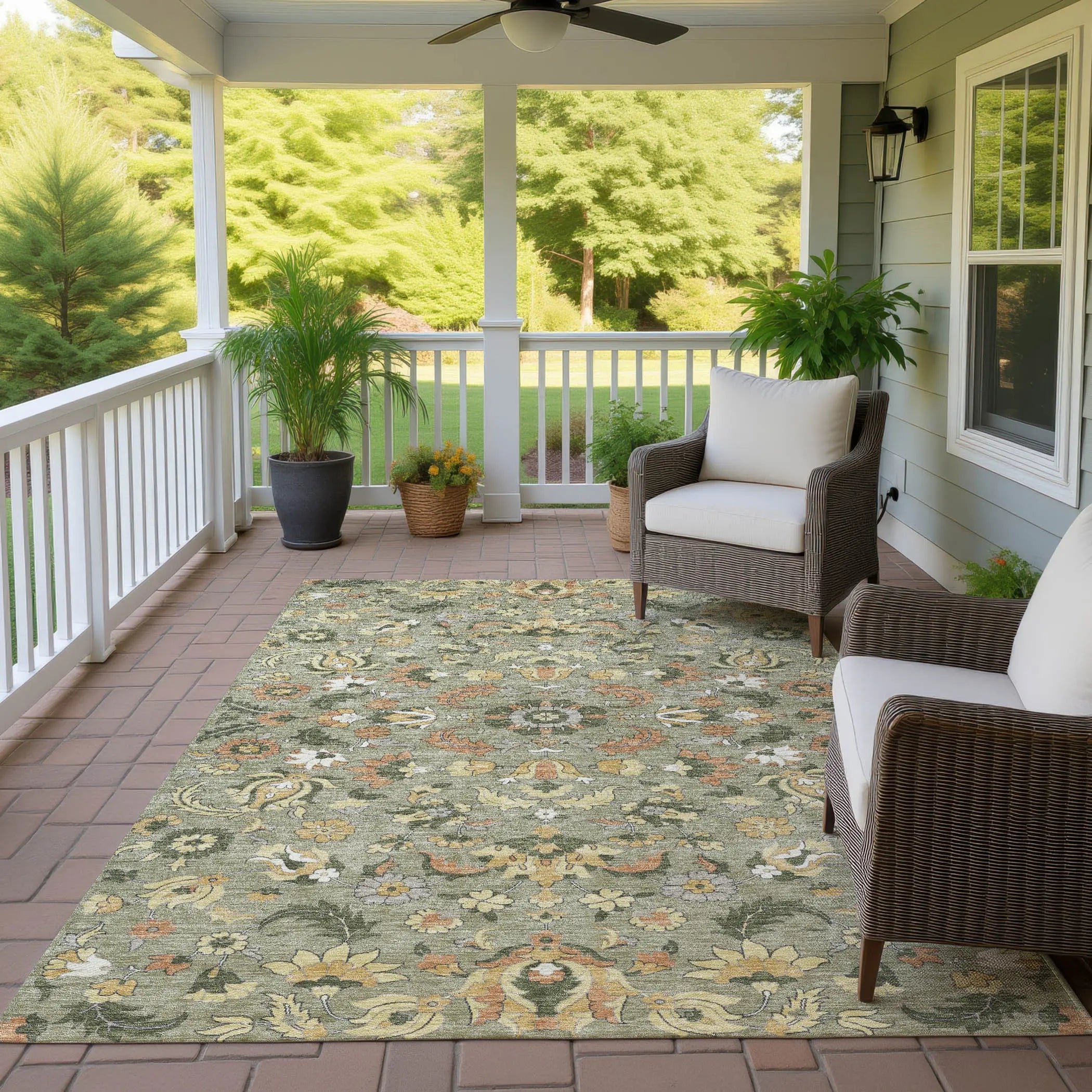 9' X 12' Sage And Olive Green Floral Medallion Washable Indoor Outdoor Area Rug Homeroots Outdoor