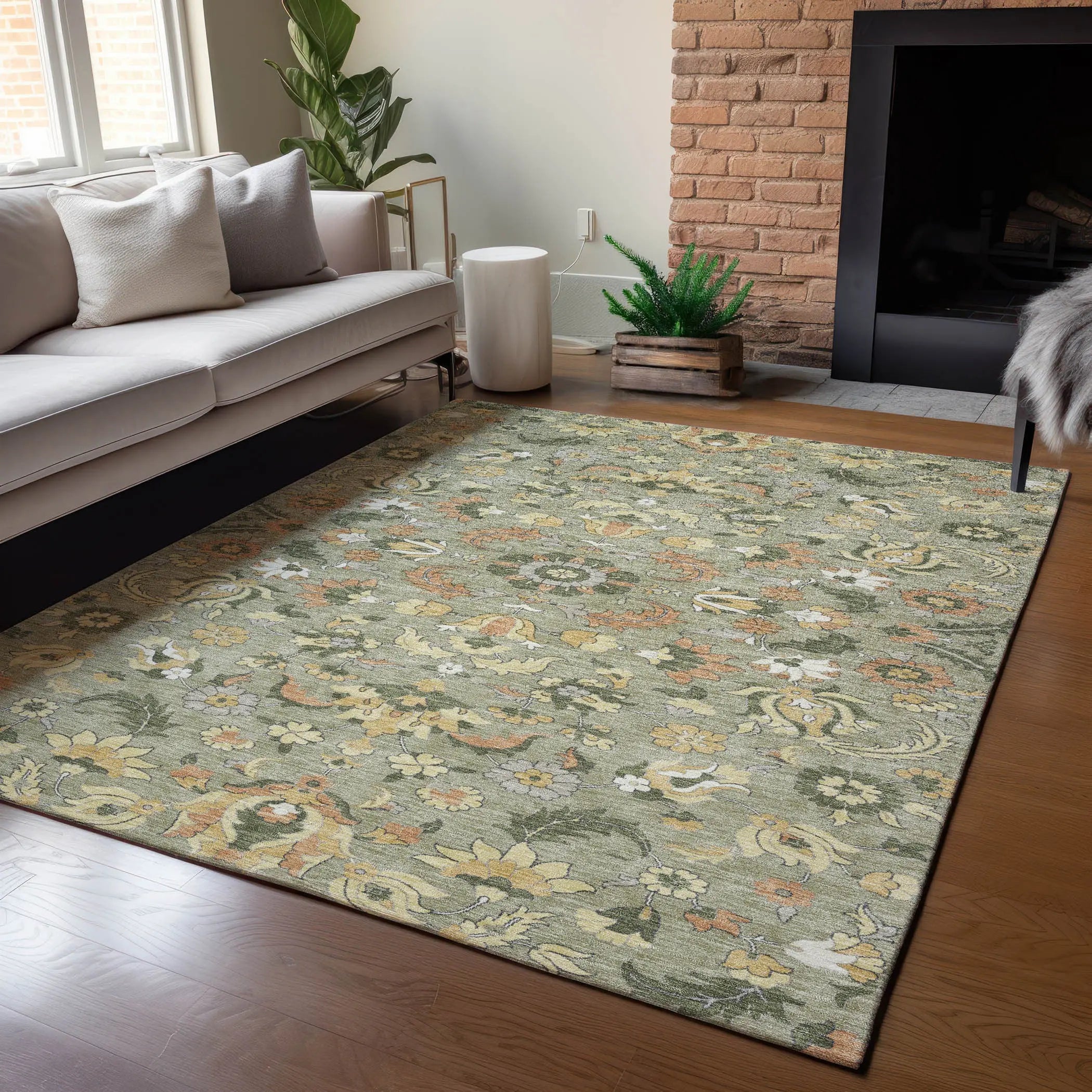 9' X 12' Sage And Olive Green Floral Medallion Washable Indoor Outdoor Area Rug Homeroots Outdoor