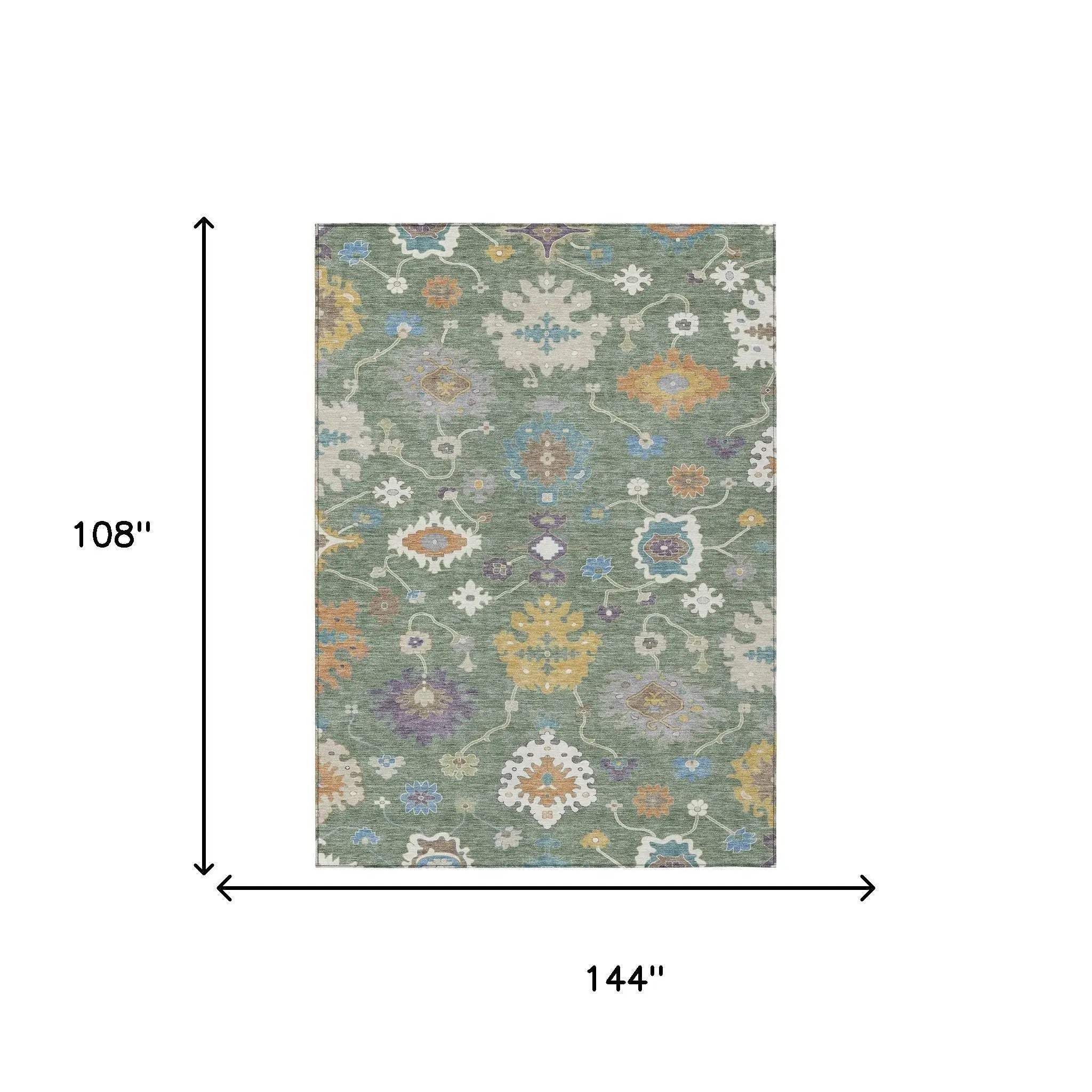 Large rectangular area rug with a green background, intricate floral patterns in blue, orange, and cream. 108" x 144".