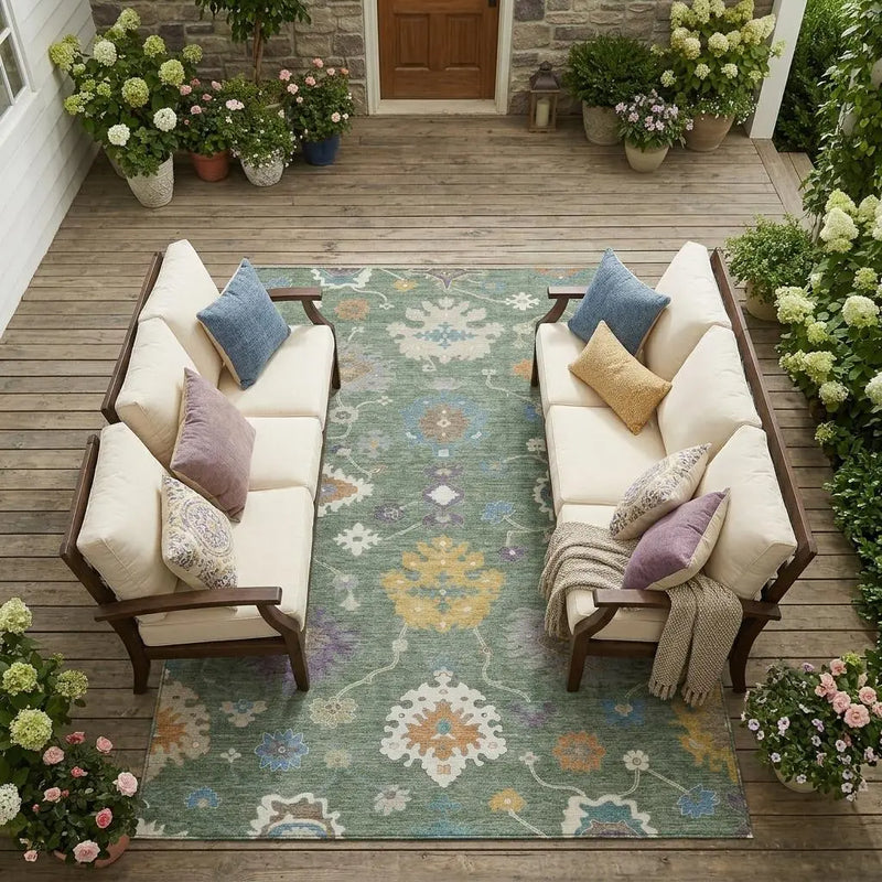 Two-seat outdoor sofa set with cream cushions, blue and purple pillows, on a colorful floral rug, surrounded by greenery.
