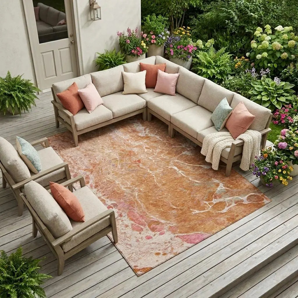 9' X 12' Salmon And Orange Abstract Washable Indoor Outdoor Area Rug Homeroots Outdoor