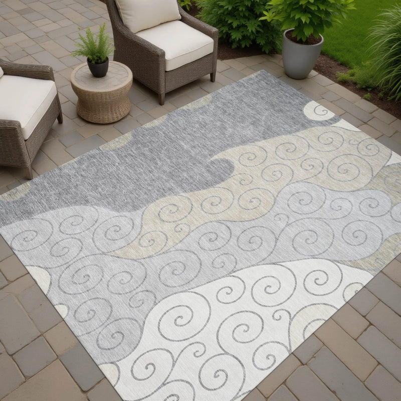 9' X 12' Silver And Beige Abstract Washable Indoor Outdoor Area Rug Homeroots Outdoor