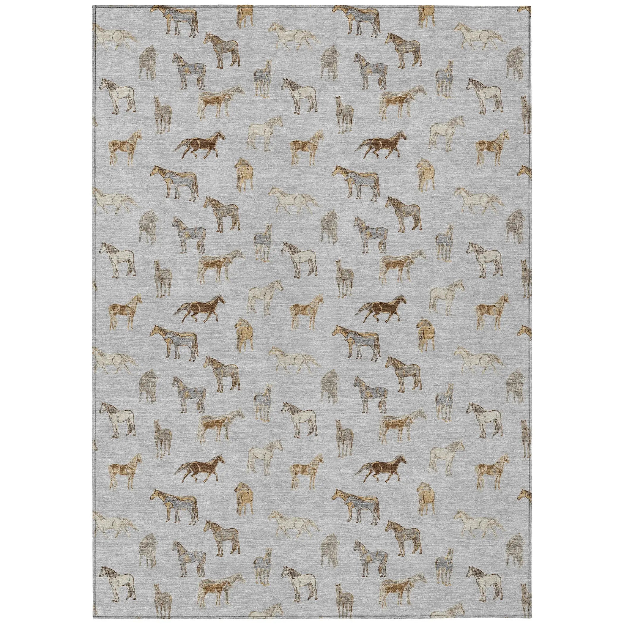 9' X 12' Silver And Beige Horse Washable Indoor Outdoor Area Rug Homeroots Outdoor