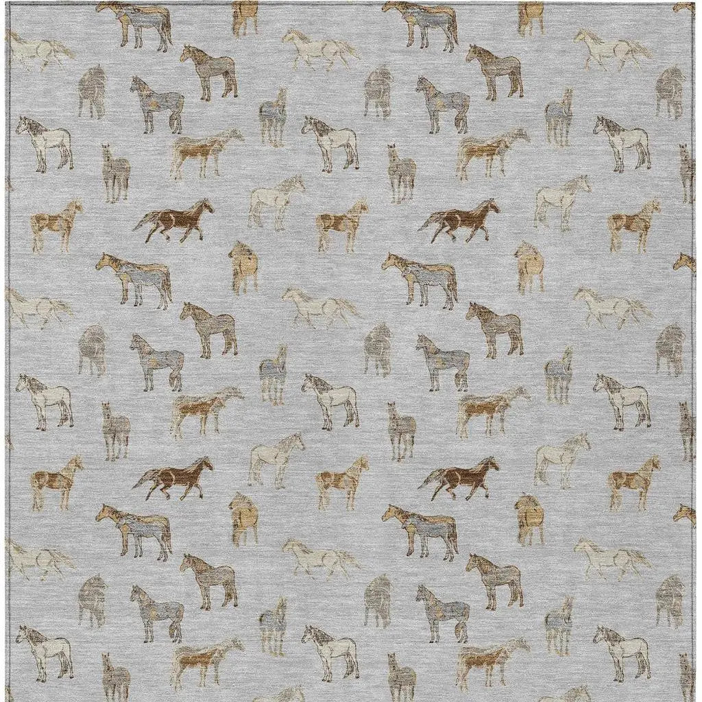 9' X 12' Silver And Beige Horse Washable Indoor Outdoor Area Rug Homeroots Outdoor