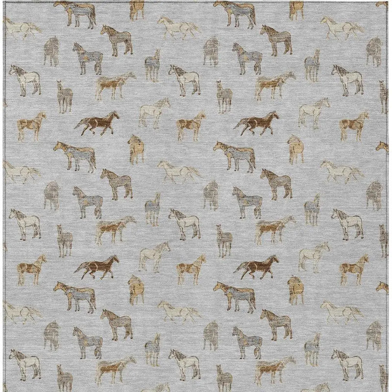 9' X 12' Silver And Beige Horse Washable Indoor Outdoor Area Rug Homeroots Outdoor