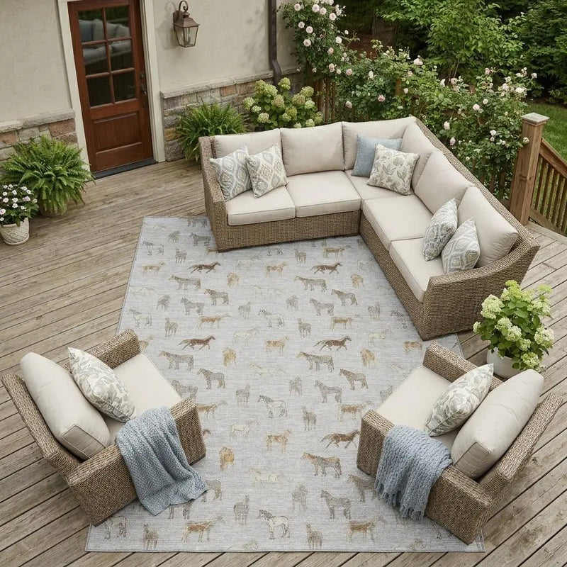 9' X 12' Silver And Beige Horse Washable Indoor Outdoor Area Rug Homeroots Outdoor