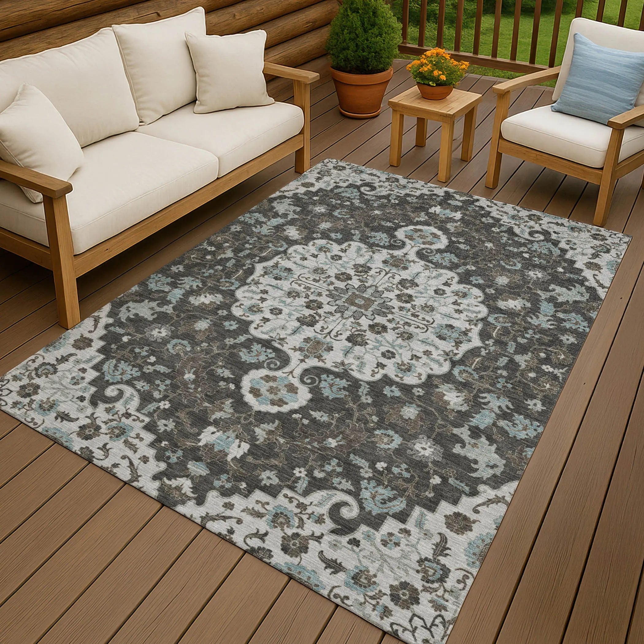 9' X 12' Silver And Charcoal Floral Medallion Washable Indoor Outdoor Area Rug Homeroots Outdoor