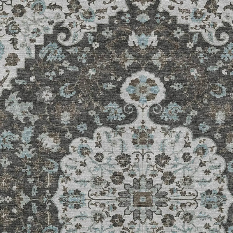 9' X 12' Silver And Charcoal Floral Medallion Washable Indoor Outdoor Area Rug Homeroots Outdoor