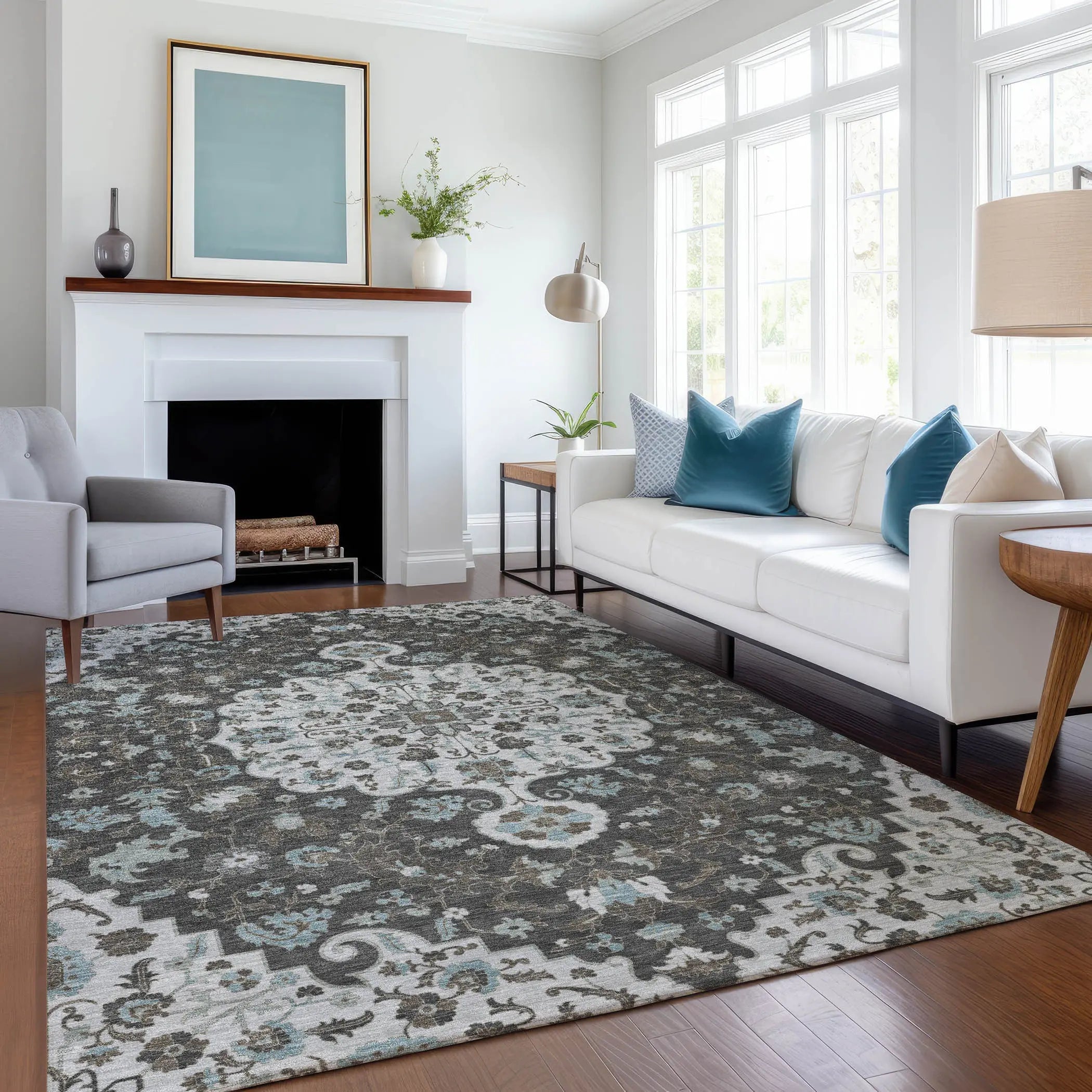 9' X 12' Silver And Charcoal Floral Medallion Washable Indoor Outdoor Area Rug Homeroots Outdoor