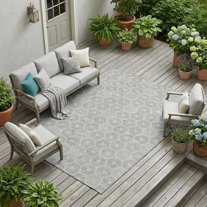 9' X 12' Silver And Granite Gray Geometric Washable Indoor Outdoor Area Rug Homeroots Outdoor