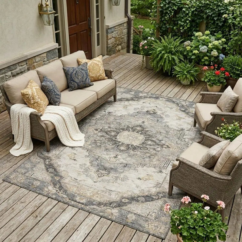 9' X 12' Silver And Gray Floral Medallion Washable Indoor Outdoor Area Rug Homeroots Outdoor