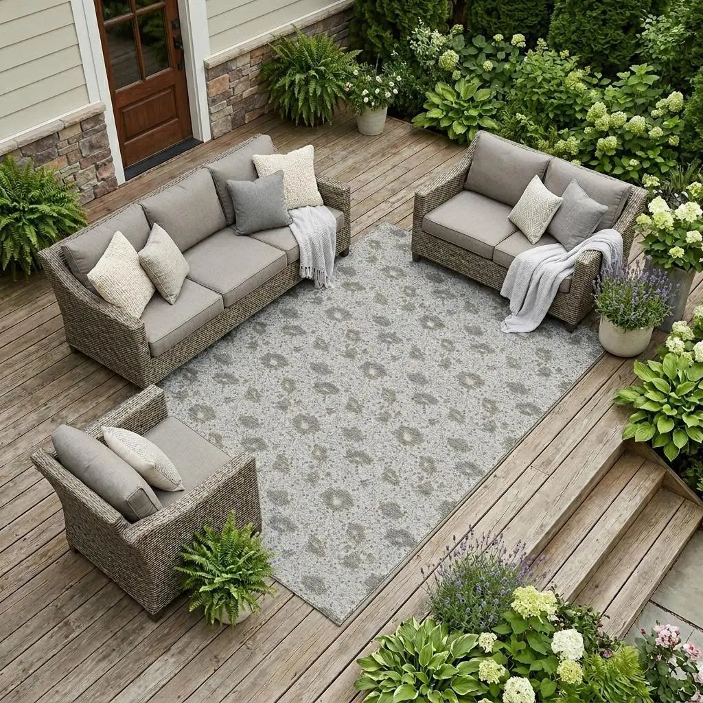 9' X 12' Silver And Gray Floral Washable Indoor Outdoor Area Rug Homeroots Outdoor