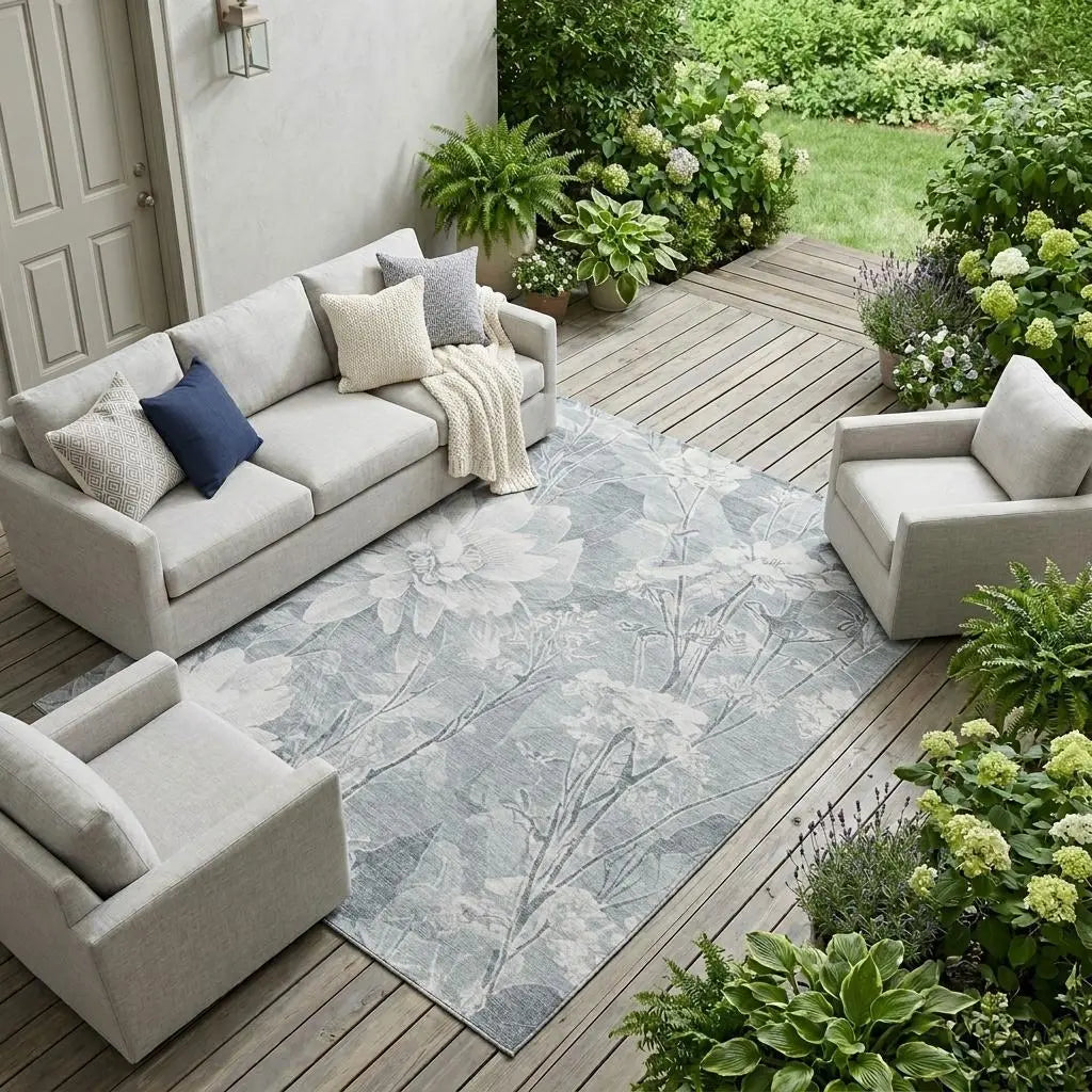 9' X 12' Silver And Gray Floral Washable Indoor Outdoor Area Rug Homeroots Outdoor