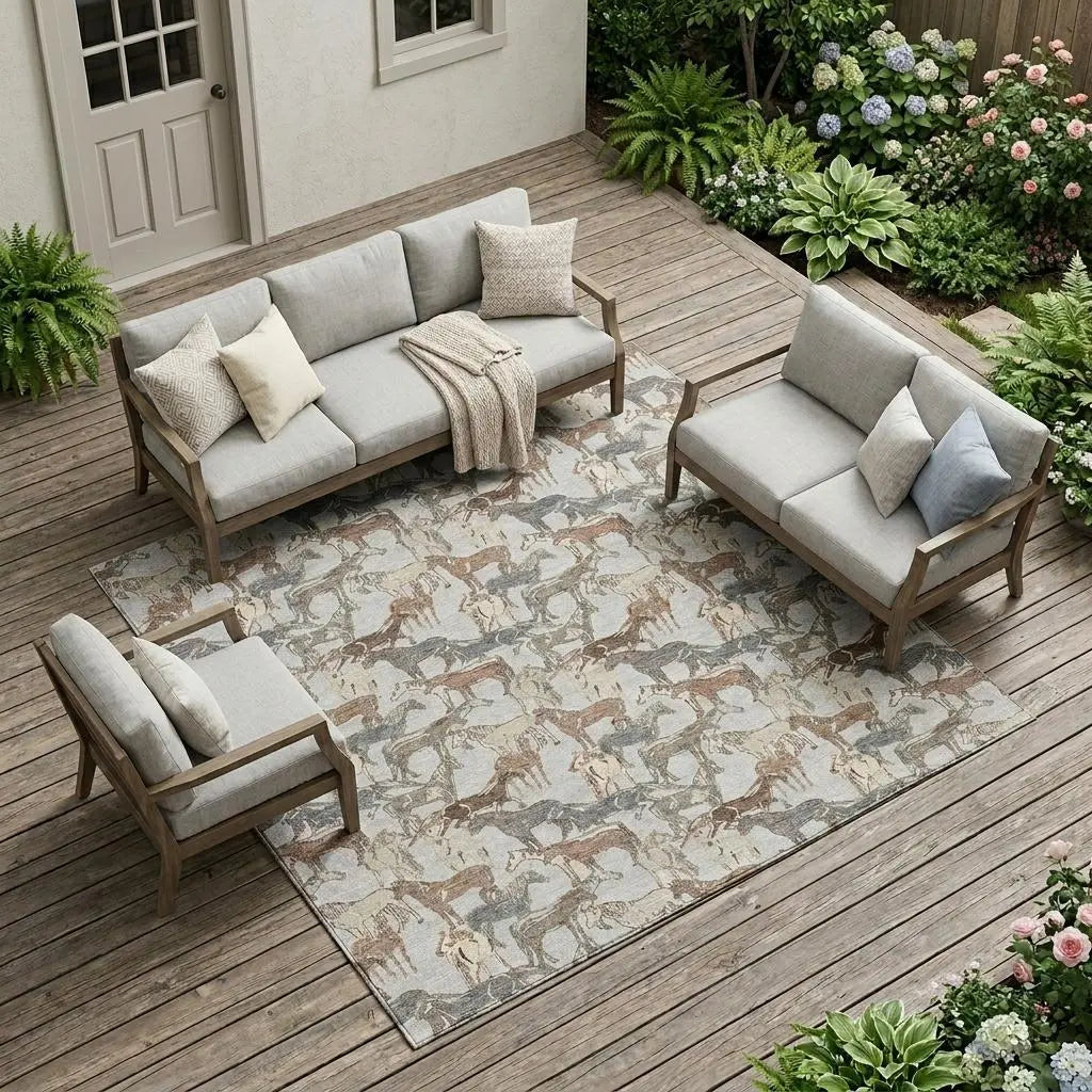 9' X 12' Silver And Gray Horse Washable Indoor Outdoor Area Rug Homeroots Outdoor
