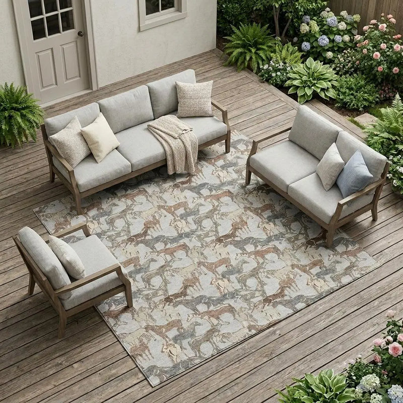 9' X 12' Silver And Gray Horse Washable Indoor Outdoor Area Rug Homeroots Outdoor