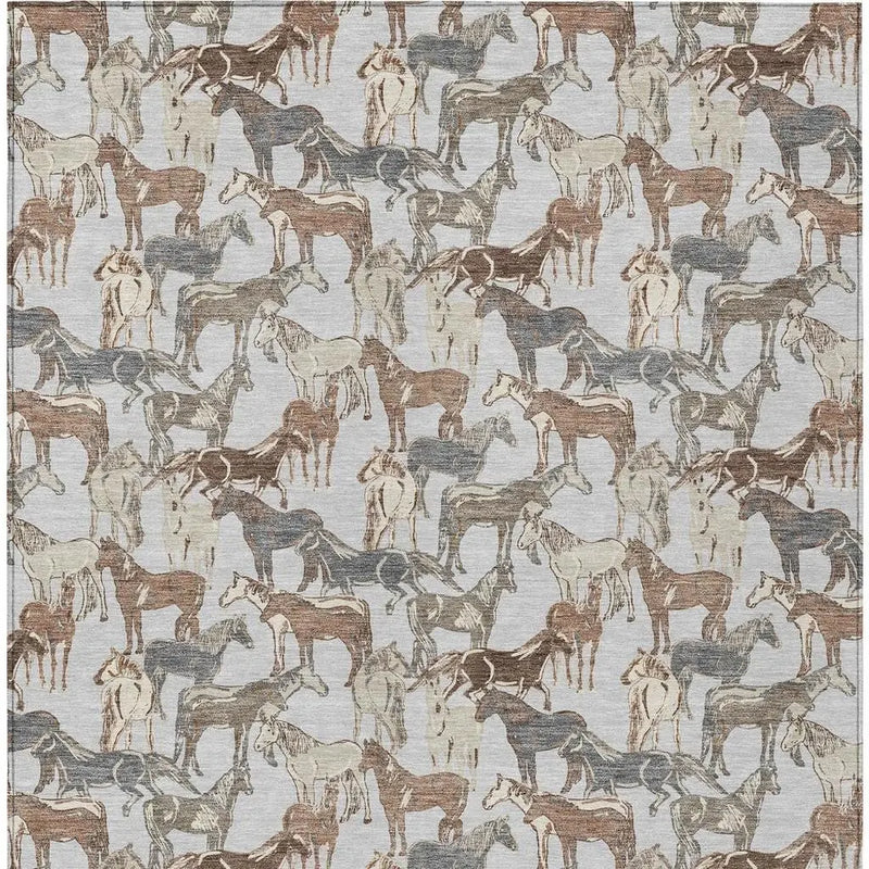 9' X 12' Silver And Gray Horse Washable Indoor Outdoor Area Rug Homeroots Outdoor