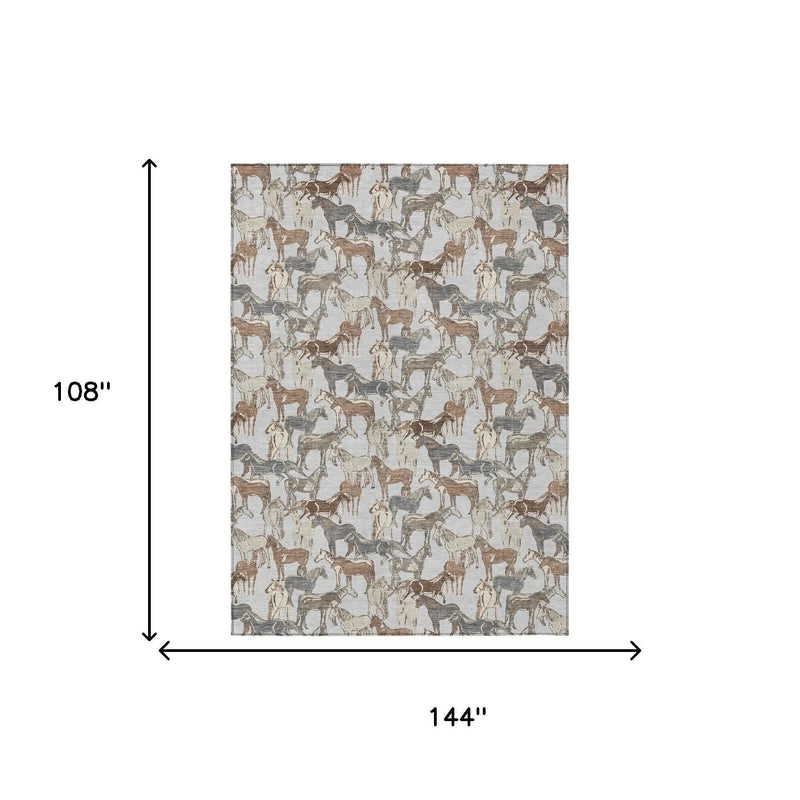 9' X 12' Silver And Gray Horse Washable Indoor Outdoor Area Rug Homeroots Outdoor