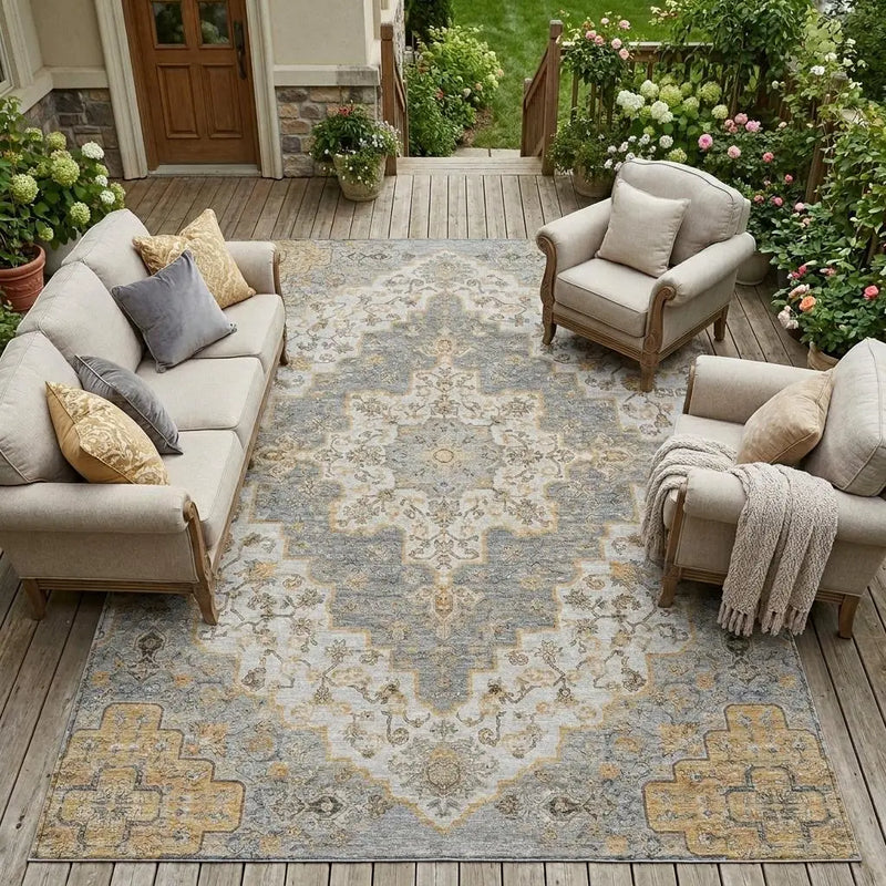 9' X 12' Silver And Gray Medallion Washable Indoor Outdoor Area Rug Homeroots Outdoor