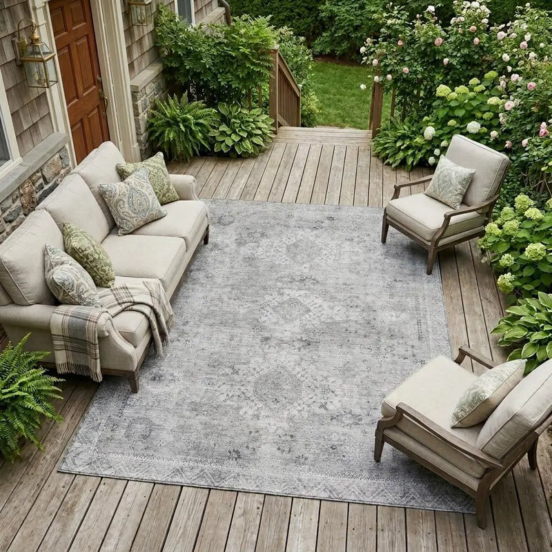 9' X 12' Silver And Gray Oriental Washable Indoor Outdoor Area Rug Homeroots Outdoor