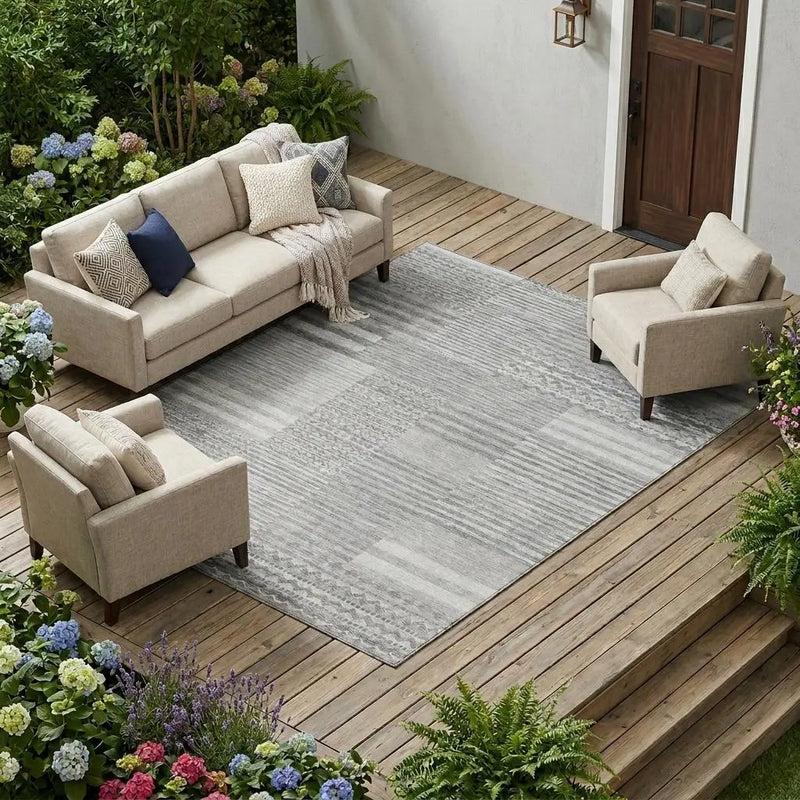 9' X 12' Silver And Gray Striped Washable Indoor Outdoor Area Rug Homeroots Outdoor