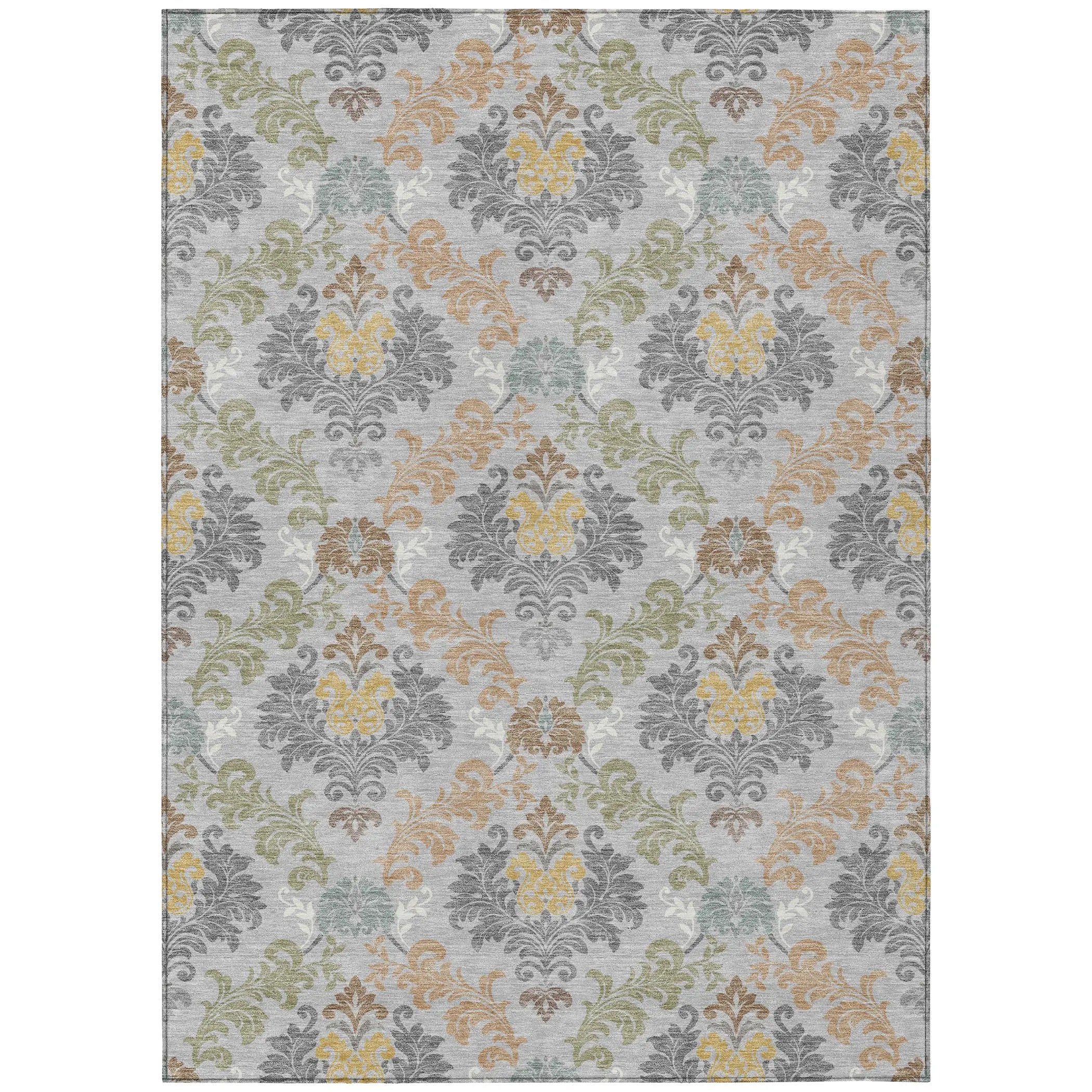 9' X 12' Silver And Sage Damask Washable Indoor Outdoor Area Rug Homeroots Outdoor