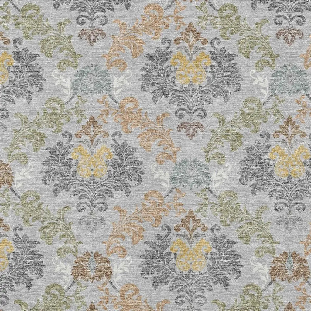 9' X 12' Silver And Sage Damask Washable Indoor Outdoor Area Rug Homeroots Outdoor