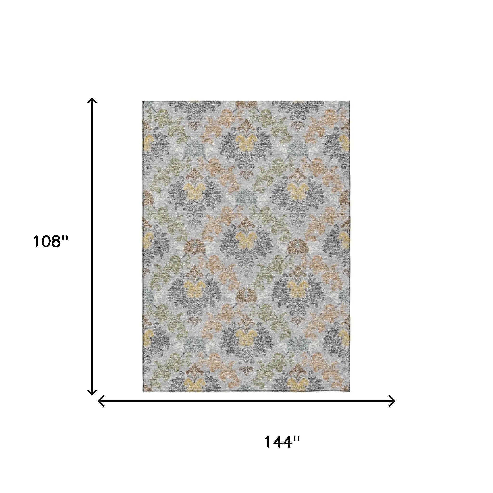 9' X 12' Silver And Sage Damask Washable Indoor Outdoor Area Rug Homeroots Outdoor