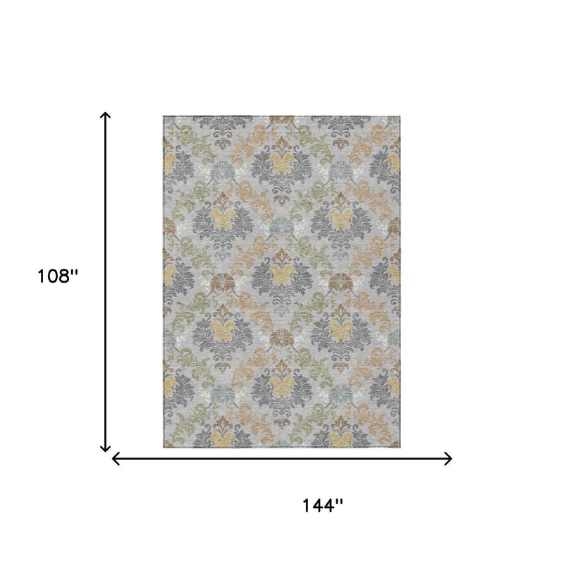 9' X 12' Silver And Sage Damask Washable Indoor Outdoor Area Rug Homeroots Outdoor
