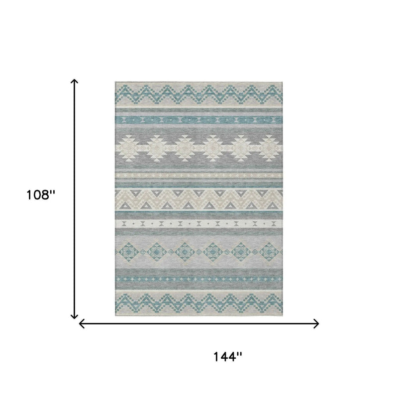 9' X 12' Silver And Teal Blue Southwestern Washable Indoor Outdoor Area Rug Homeroots Outdoor