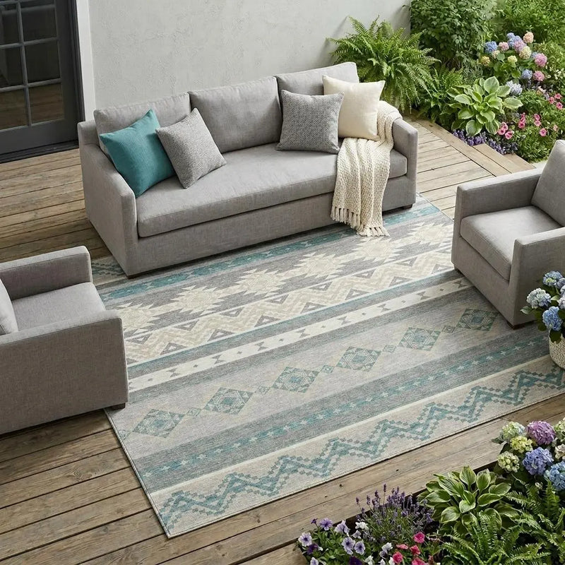 9' X 12' Silver And Teal Blue Southwestern Washable Indoor Outdoor Area Rug Homeroots Outdoor