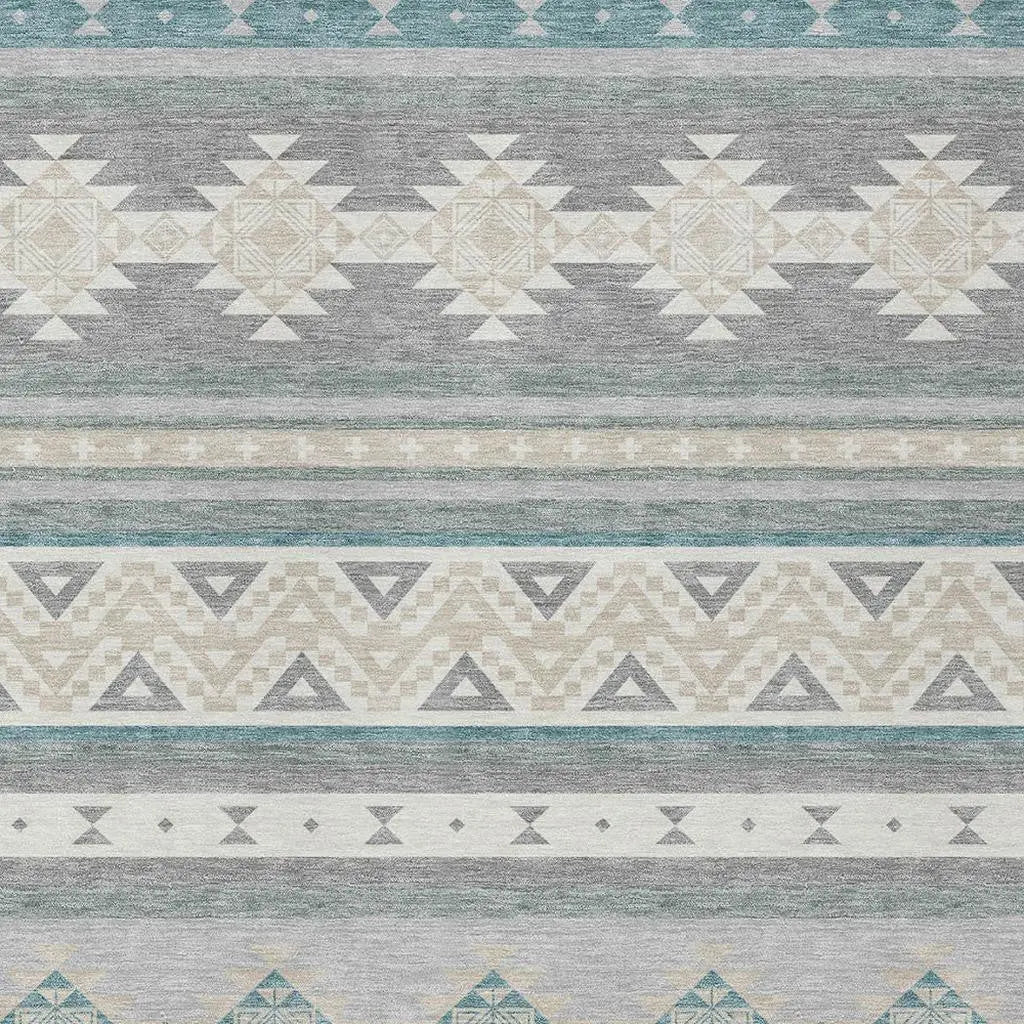 9' X 12' Silver And Teal Blue Southwestern Washable Indoor Outdoor Area Rug Homeroots Outdoor