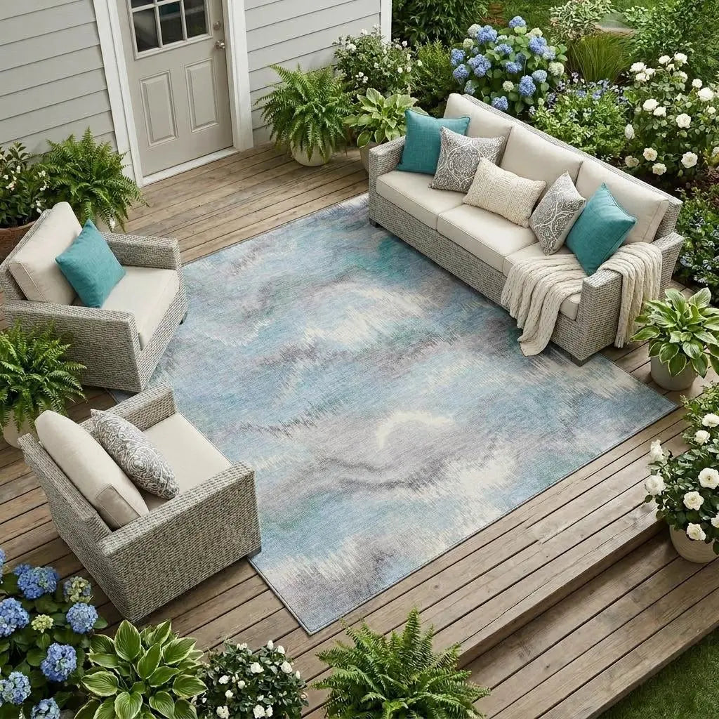 9' X 12' Sky Blue And Blue Abstract Washable Indoor Outdoor Area Rug Homeroots Outdoor
