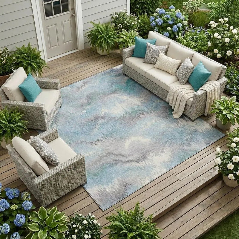 9' X 12' Sky Blue And Blue Abstract Washable Indoor Outdoor Area Rug Homeroots Outdoor