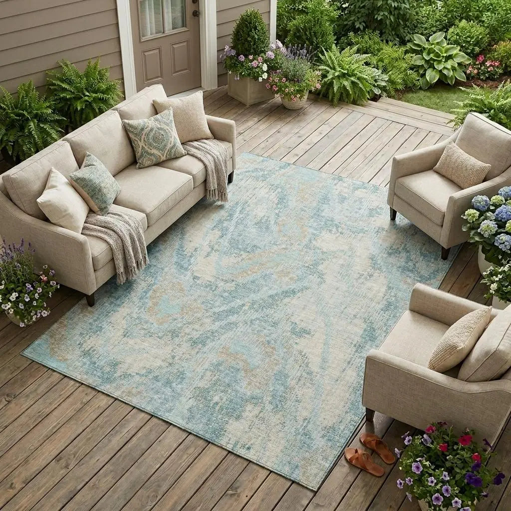 9' X 12' Sky Blue And Blue Abstract Washable Indoor Outdoor Area Rug Homeroots Outdoor
