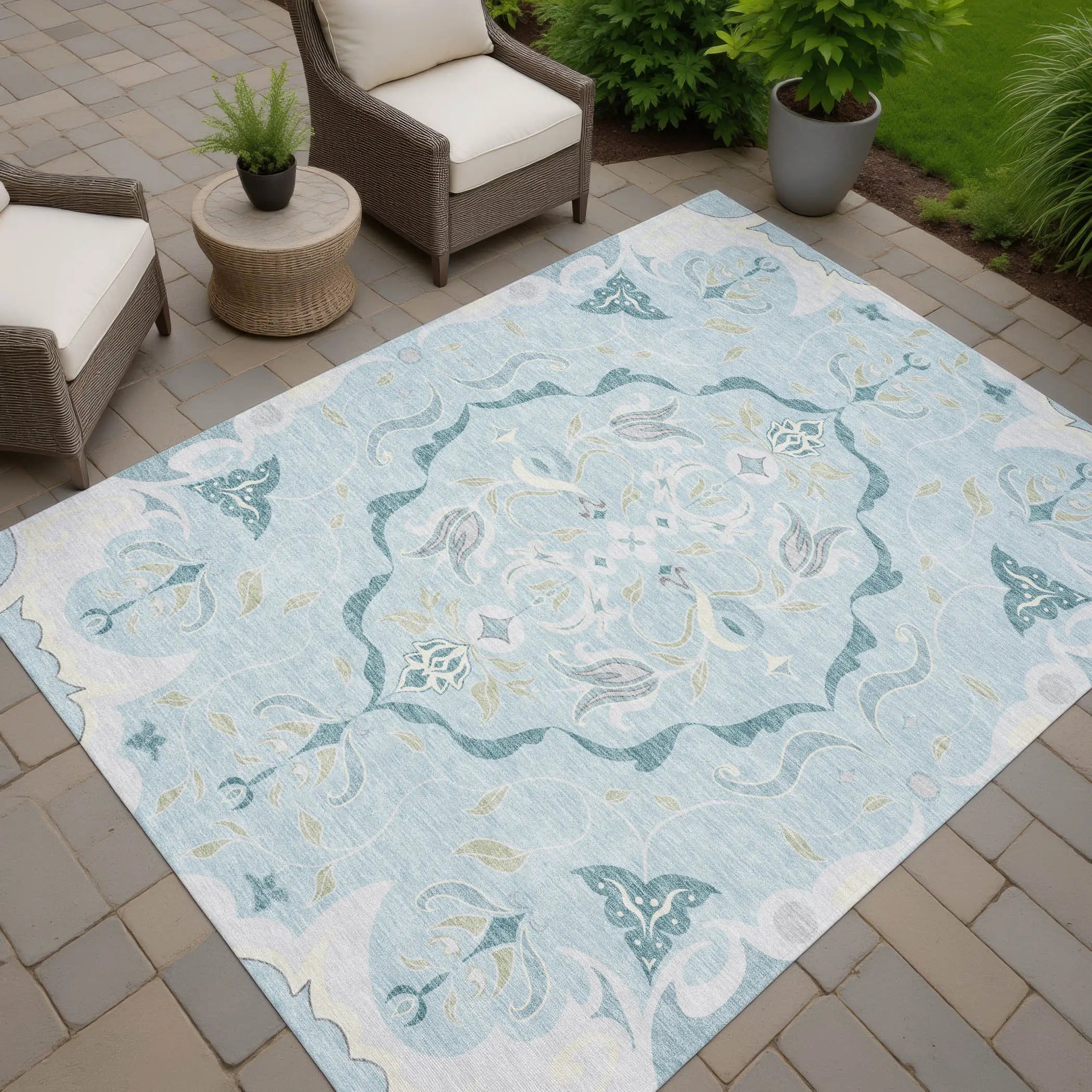 9' X 12' Sky Blue And Blue Damask Washable Indoor Outdoor Area Rug Homeroots Outdoor