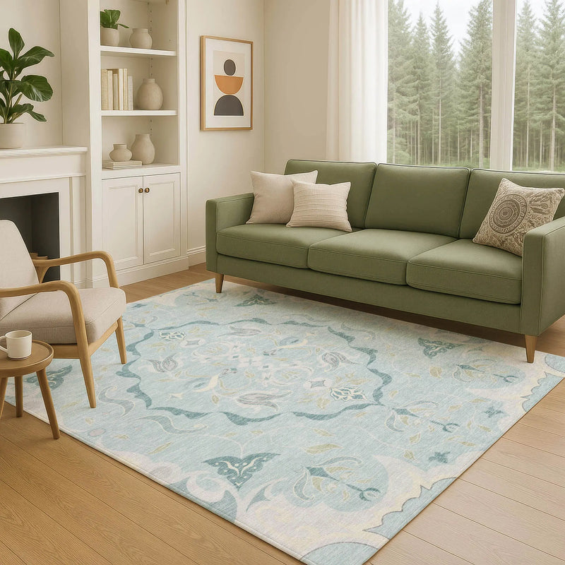 9' X 12' Sky Blue And Blue Damask Washable Indoor Outdoor Area Rug Homeroots Outdoor