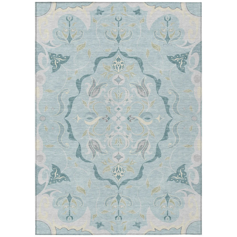 9' X 12' Sky Blue And Blue Damask Washable Indoor Outdoor Area Rug Homeroots Outdoor