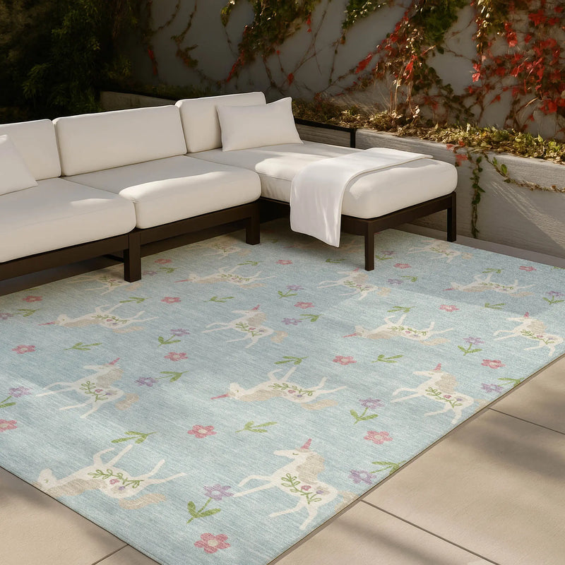 9' X 12' Sky Blue And Blue Floral Washable Indoor Outdoor Area Rug Homeroots Outdoor