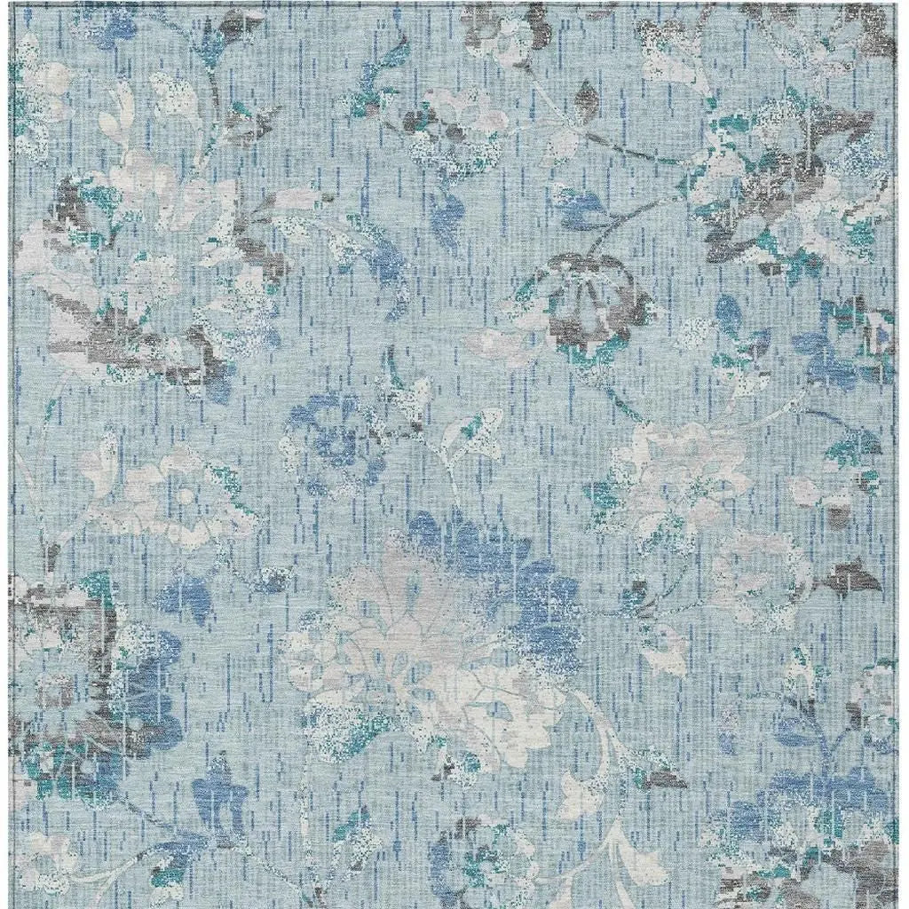 9' X 12' Sky Blue And Blue Floral Washable Indoor Outdoor Area Rug Homeroots Outdoor