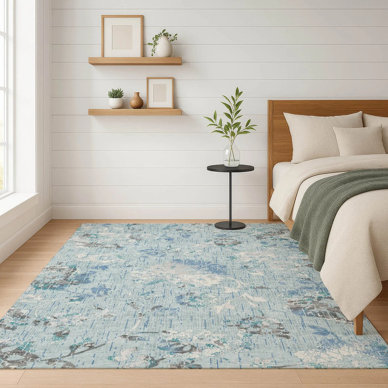 9' X 12' Sky Blue And Blue Floral Washable Indoor Outdoor Area Rug Homeroots Outdoor