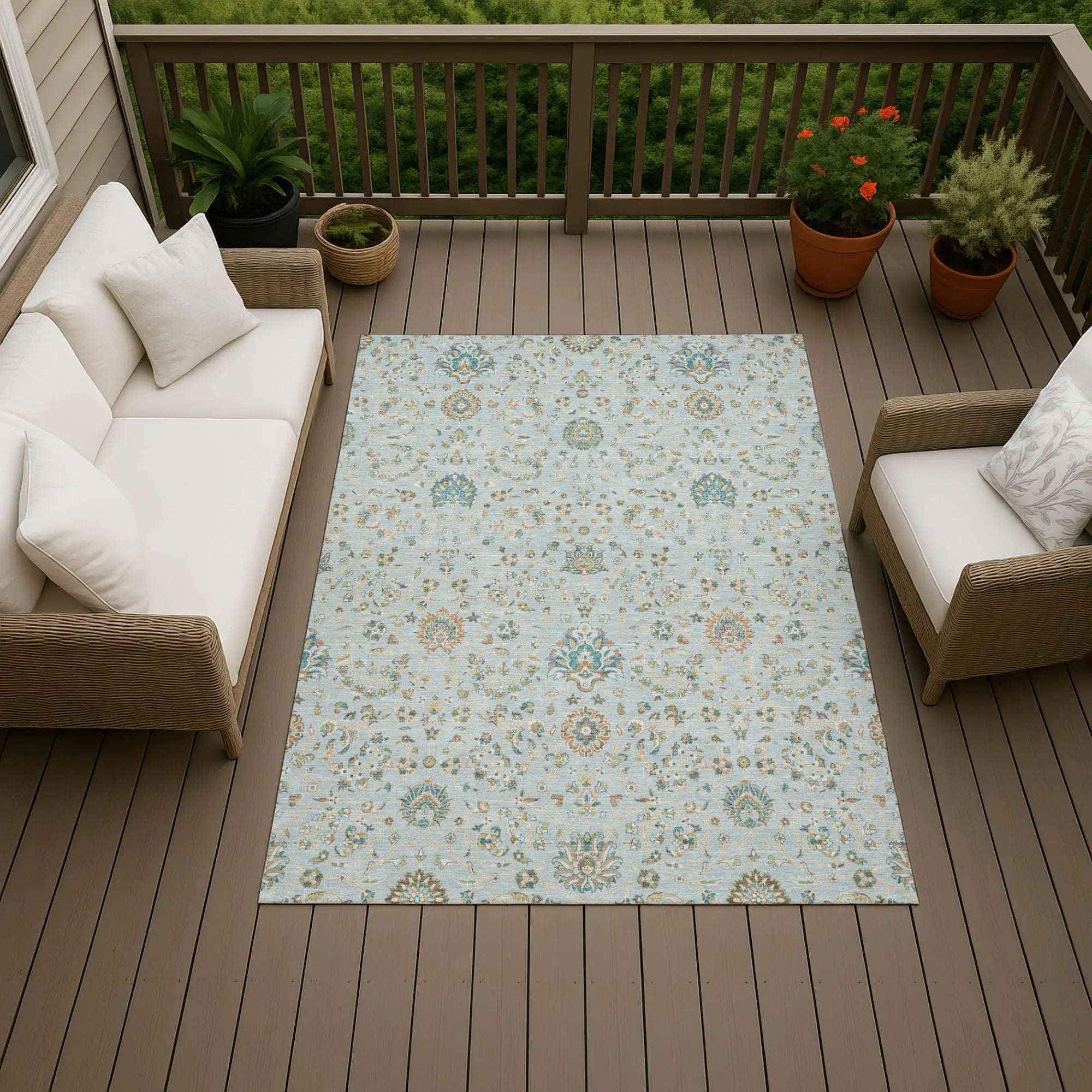 9' X 12' Sky Blue And Blue Floral Washable Indoor Outdoor Area Rug Homeroots Outdoor