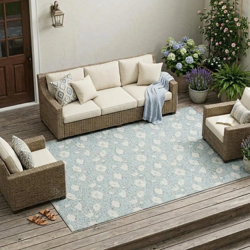9' X 12' Sky Blue And Blue Floral Washable Indoor Outdoor Area Rug Homeroots Outdoor