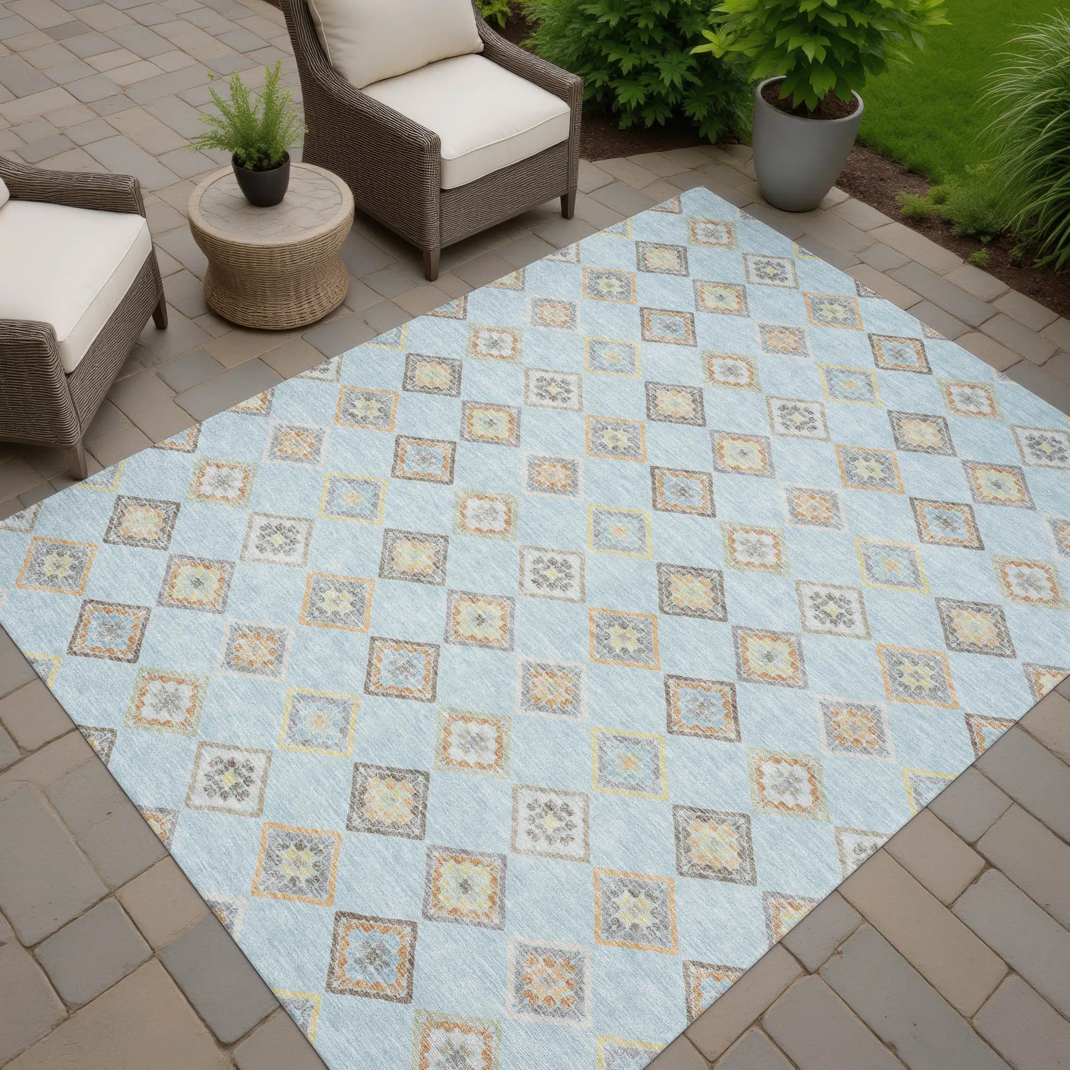 9' X 12' Sky Blue And Blue Geometric Washable Indoor Outdoor Area Rug Homeroots Outdoor