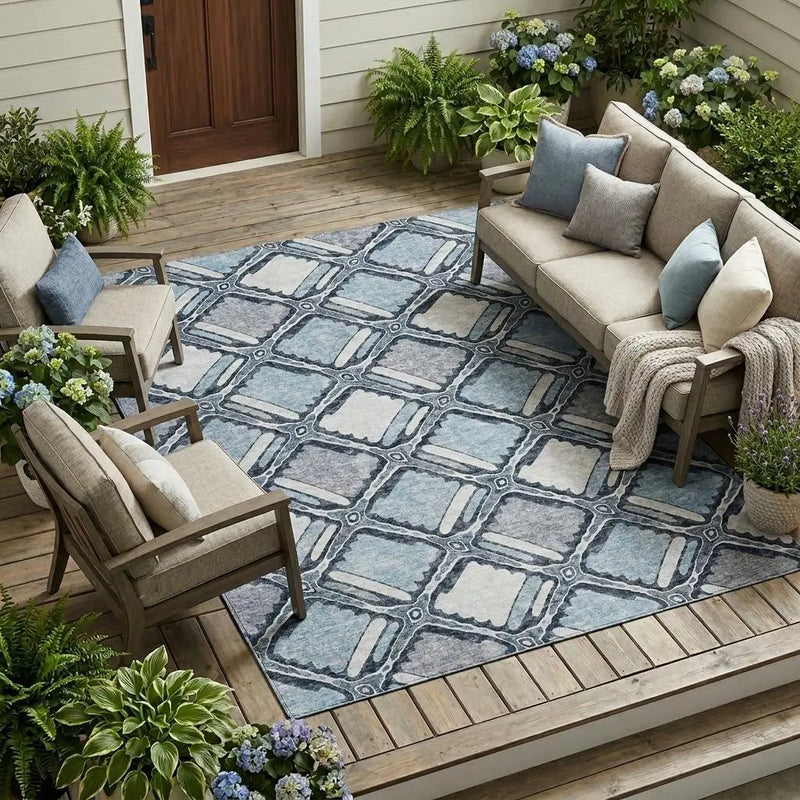 9' X 12' Sky Blue And Blue Geometric Washable Indoor Outdoor Area Rug Homeroots Outdoor