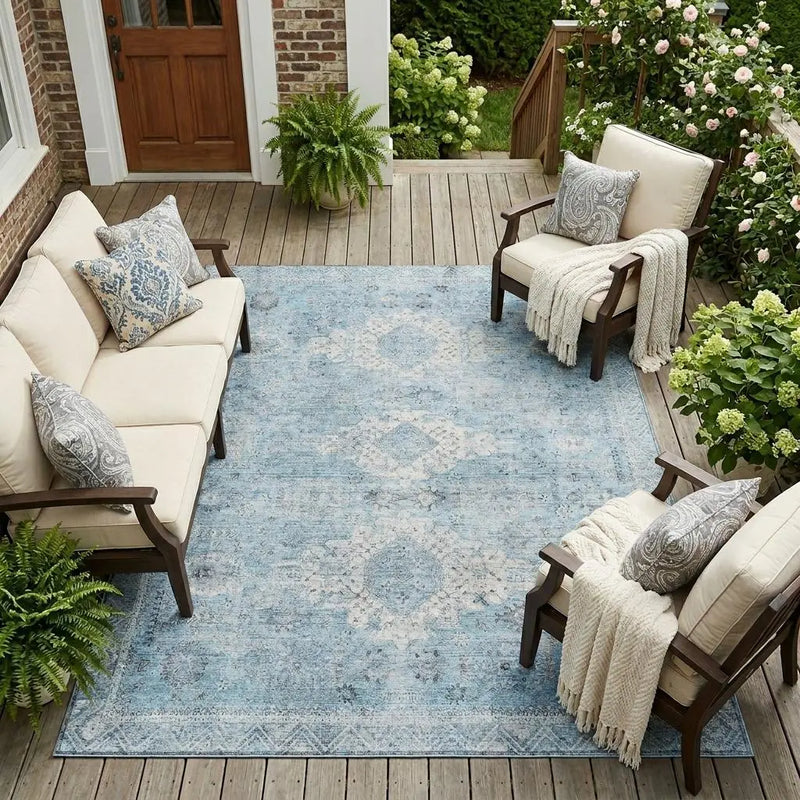 9' X 12' Sky Blue And Blue Oriental Washable Indoor Outdoor Area Rug Homeroots Outdoor