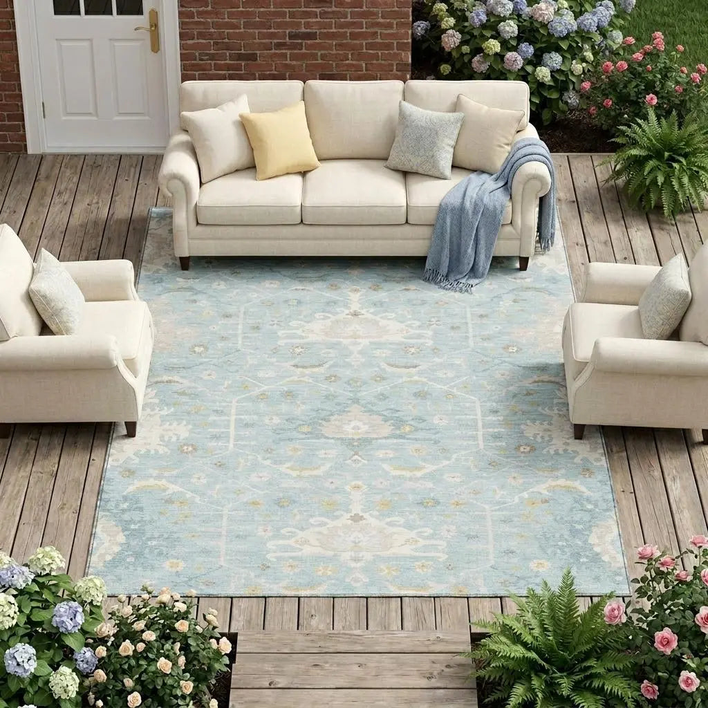 9' X 12' Sky Blue And Blue Oriental Washable Indoor Outdoor Area Rug Homeroots Outdoor