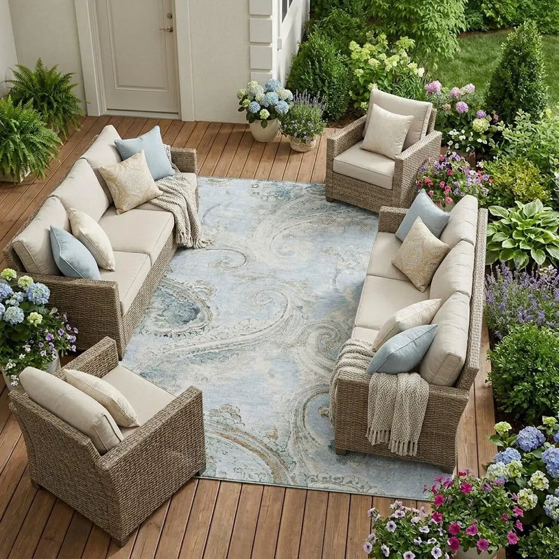 9' X 12' Sky Blue And Blue Paisley Washable Indoor Outdoor Area Rug Homeroots Outdoor