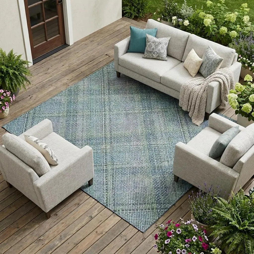 9' X 12' Sky Blue And Blue Plaid Washable Indoor Outdoor Area Rug Homeroots Outdoor