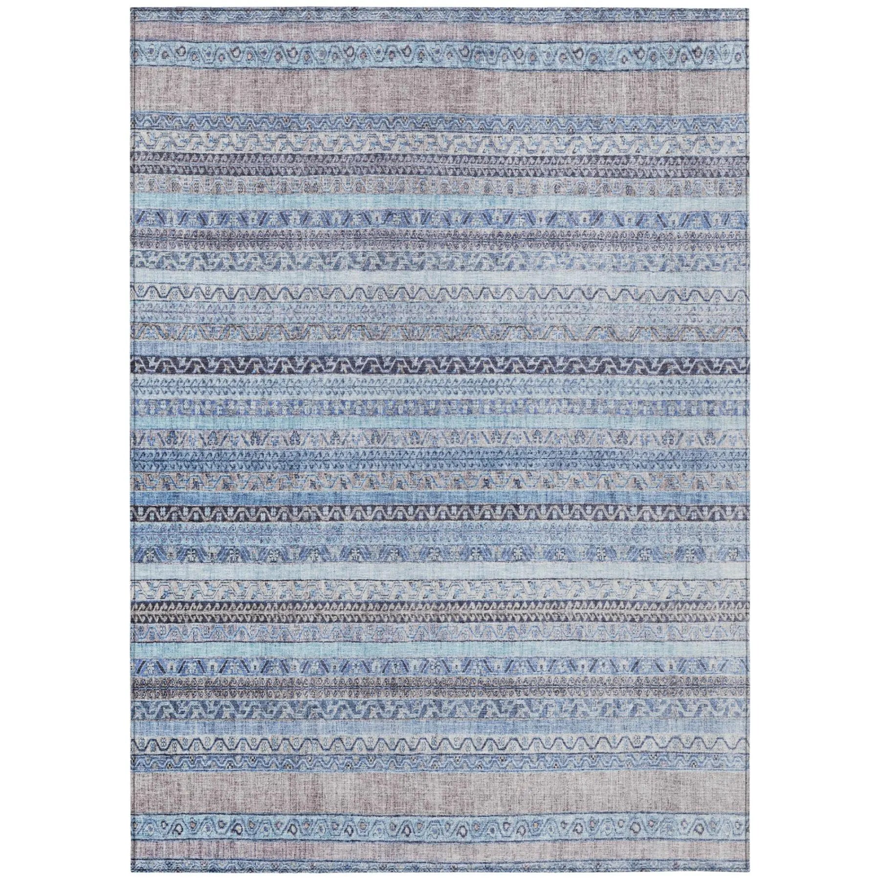 Blue patterned area rug made of durable synthetic material, featuring intricate tribal designs and a modern style.